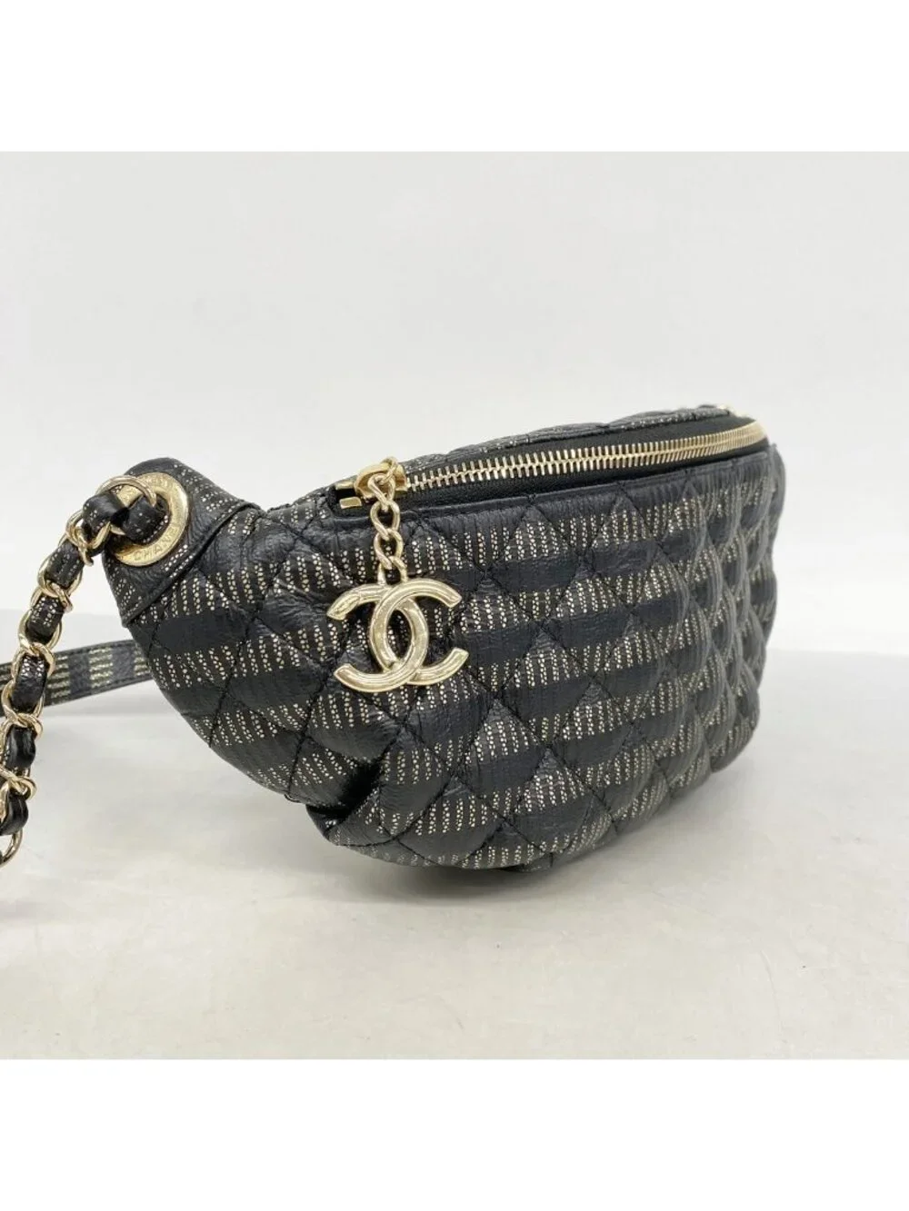 Chanel Waist Bag Quilted Leather Black Champagne Gold